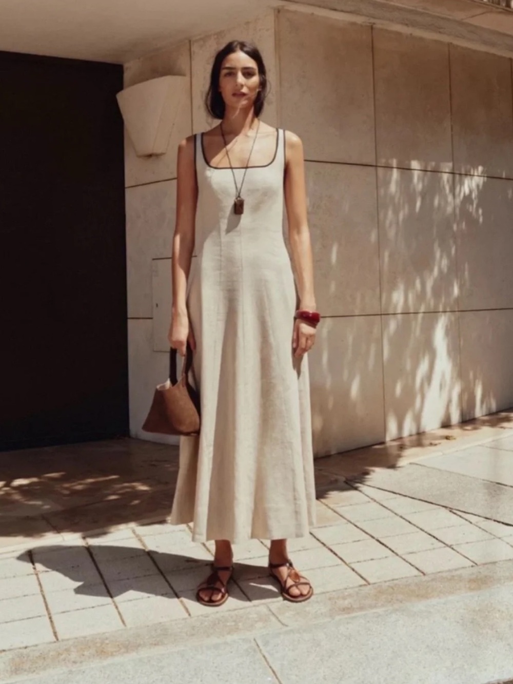 Zara Cream Square-Neck Maxi Dress with Black Piping